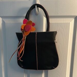 Black Leather Tote with Floral Accent